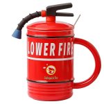 A red mug shaped like a fire extinguisher with a handle and a nozzle, featuring a logo.