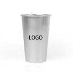 A silver 15 oz. aluminium cup with a logo, showcasing a sleek design for drinkware.
