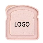 A pink wheat straw bread box with a contoured shape resembling a slice of bread, featuring a logo.