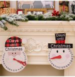 Two decorative Christmas countdown ornaments on a mantel, featuring a Santa and a snowman, both in red and white.