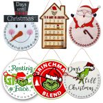 A collection of festive Christmas calendar ornaments in various shapes, featuring snowmen, Santa, and Grinch designs in red, green, and white.