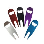 A drink bottle opener tool in silver, red, black, purple, and blue, designed for golf and featuring a logo.