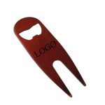 A drink bottle opener tool in a brown finish with a forked end and a logo. Suitable for golf enthusiasts.