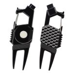 A black 7-in-1 golf tool featuring a divot repair tool, brush, and various golf accessories. It has a shiny finish and includes a logo.