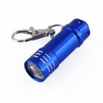 A blue mini flashlight with three LEDs and a keychain clip for easy attachment.