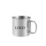 A stainless steel camping mug with a folding handle and a logo feature. Shiny metallic finish.