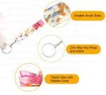 A keyring featuring a drink bottle design, made with a durable acrylic body in a multicoloured pattern and zinc alloy components.