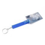 A blue card clip keychain features a streamlined clip and a metal ring for attachments. It has a branding logo.