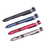 A collection of four multi-tool pens in black, blue, red, and gold, featuring various functions and a clip design.