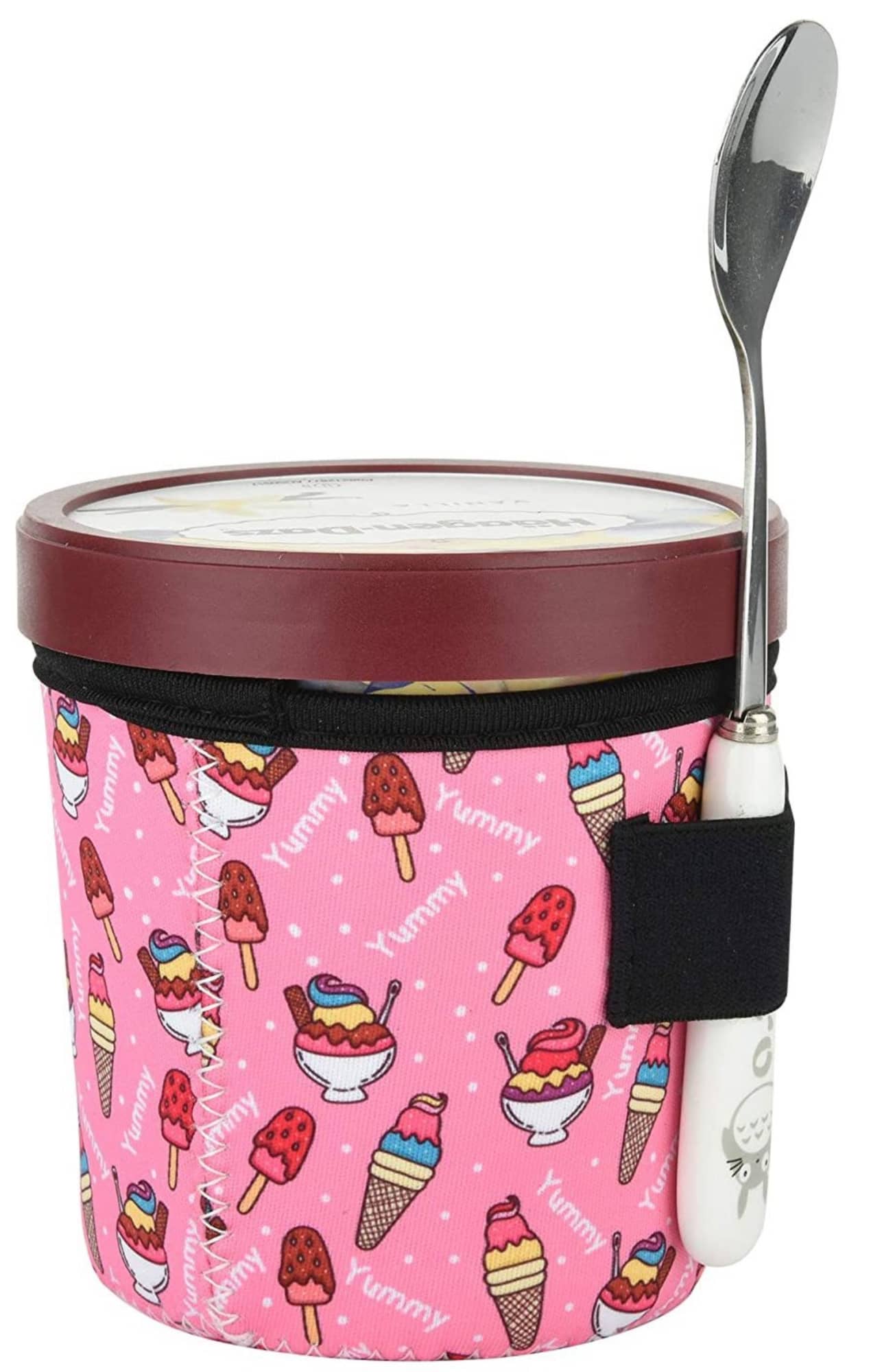 A pink insulated ice cream cup holder featuring various ice cream designs, with a spoon attached on the side. A pink insulated ice cream cup holder featuring various ice cream designs, with a spoon attached on the side.