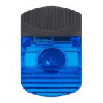 A wide rectangle clip in blue with a black top, featuring a spring mechanism and a logo.