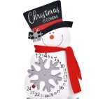 A decorative Christmas calendar ornament featuring a snowman with a black hat, red scarf, and a snowflake design.