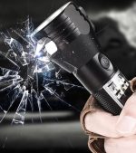 A black flashlight with a power bank feature, being held by a gloved hand, with a cracked glass effect in the background.
