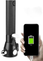 A black flashlight with a textured grip and a power bank feature, shown next to a smartphone displaying a charging icon.
