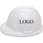 A white stress ball shaped like a hard hat, featuring a logo on the front.