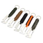 A set of five multie tool carabiners in green, brown, black, orange, and camouflage, each with a keyring.