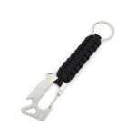 A black multi-tool carabiner featuring a knife edge, bottle opener, and keyring attachment.