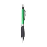 A green plastic pen with a silver clip and a textured black grip. It features a logo branding on the barrel.
