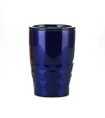 A drink bottle featuring a shiny deep blue finish and a textured, modern design. Includes a black lid.