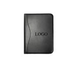 A black ring binder with a textured finish and a logo on the front cover.