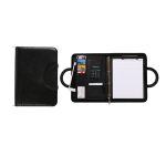 A black Conference Ring Portfolio featuring a calculator, card slots, and a notepad compartment.