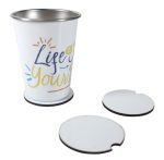 A drink bottle sits next to two round, white absorbent car coasters, featuring a metallic rim and a logo.