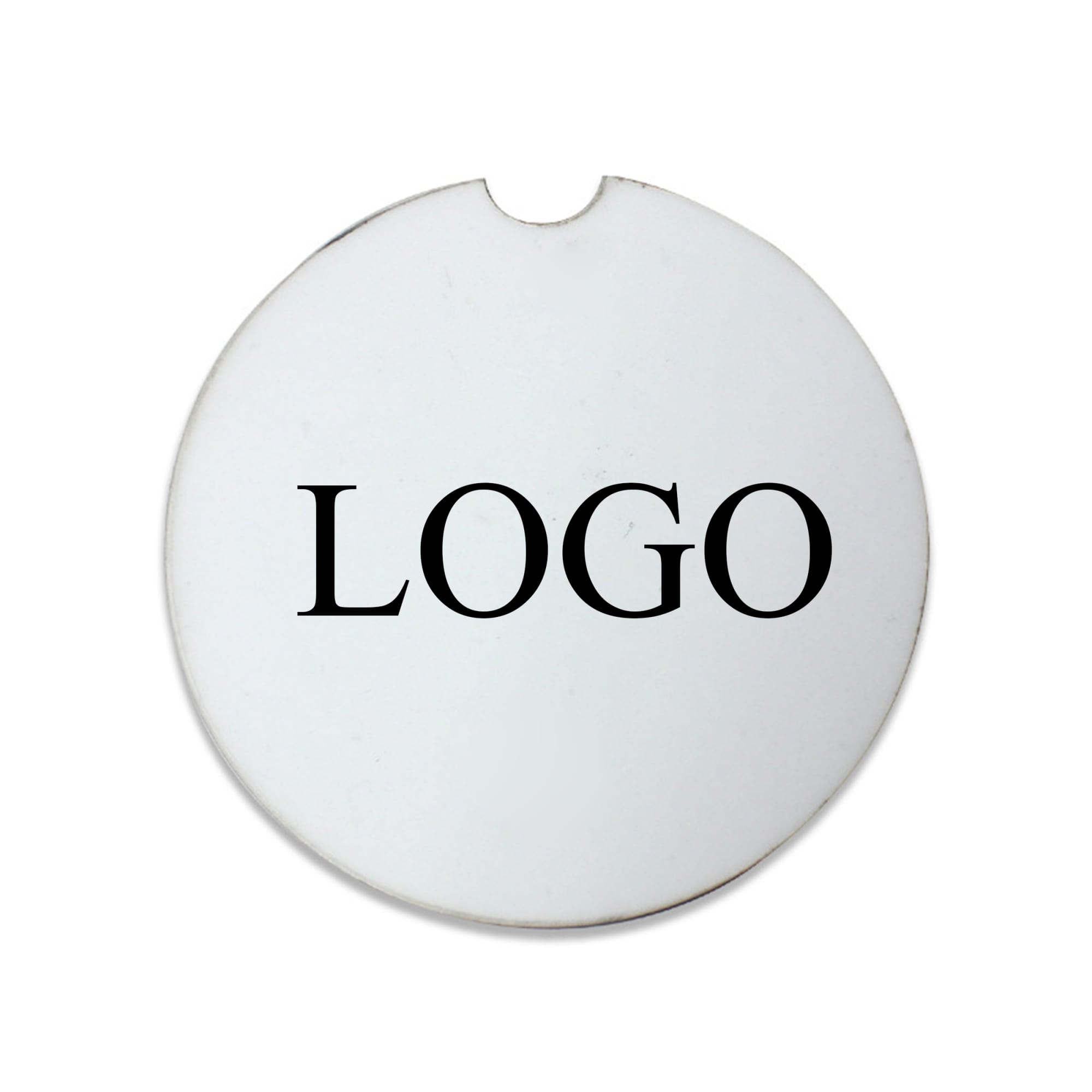 A round, white car coaster featuring a logo in the centre. A round, white car coaster featuring a logo in the centre.