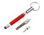 A red 6-in-1 pen multi-tool featuring a stylus, screwdriver, and keyring attachment, with metallic elements.