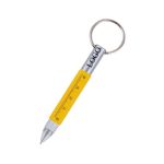 A yellow 6-in-1 pen with a keyring attachment, featuring various function indicators and a logo.