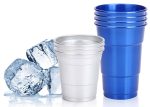A stack of blue and silver rolled edge aluminium cups beside ice cubes, featuring a logo on one cup.