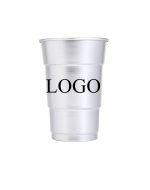 A rolled edge aluminium cup in metallic silver, featuring a logo. Suitable for various drinkware uses.