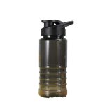 A drink bottle in dark green with a black drink-thru lid and textured grip. It features a logo on the side.