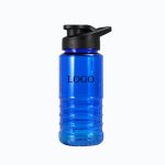 A drink bottle in blue with a black drink-thru lid and an embossed logo.