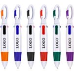 A set of six ballpoint pens in orange, black, red, blue, green, and purple, each with a logo.