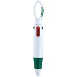 A four-colour ballpoint pen featuring a white body with a green grip, clip, and buttons in blue and red.