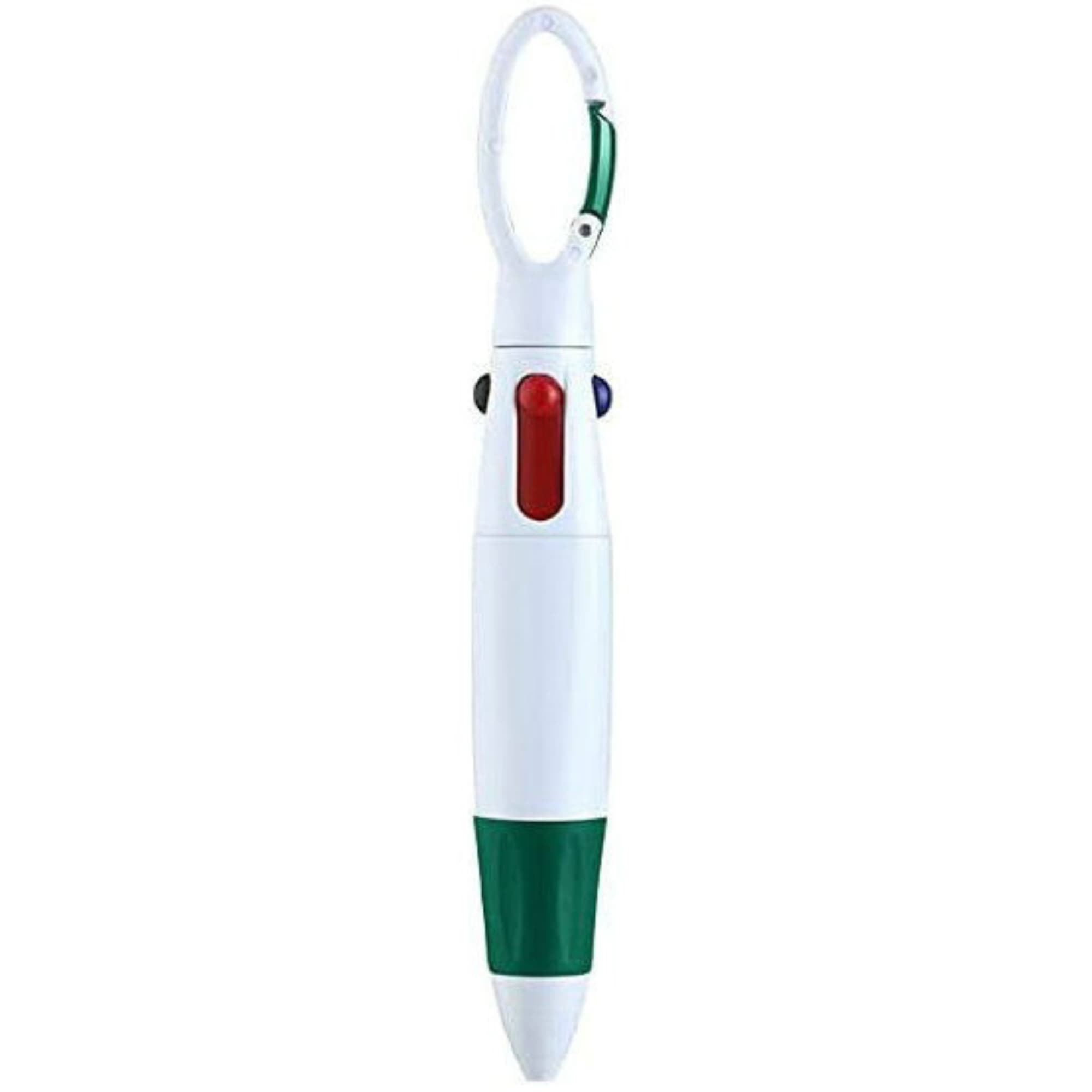 A four-colour ballpoint pen featuring a white body with a green grip, clip, and buttons in blue and red. A four-colour ballpoint pen featuring a white body with a green grip, clip, and buttons in blue and red.