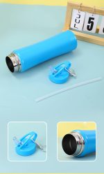A drink bottle in bright blue with a stainless steel lid, includes a straw and a removable cap. Features a logo.
