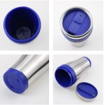 A stainless steel tumbler with a blue lid, featuring a logo and interior view showing the drinking opening and base.