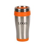 A stainless steel travel mug in silver with an orange silicone grip. Features a logo on the side.
