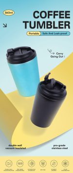 A coffee tumbler set featuring a light blue and a black stainless steel design, both with lids. Includes a logo.