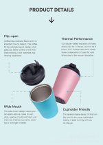 A travel mug with a pink exterior, a black lid, and wide mouth design, featuring a logo.