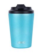 A drink bottle with a bright blue exterior, a black lid, and a branding logo on the front.