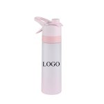 A drink bottle with a pink lid and base, featuring a clear body and a logo.