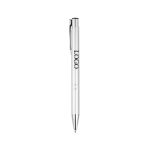 A silver metal ballpoint pen with a clip and a branding logo on the barrel.