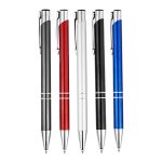 A collection of metal ballpoint pens in black, red, silver, and blue, each with a polished finish and clip.