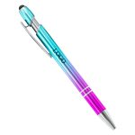 A stylus metal pen featuring a gradient design in turquoise and pink, with a silver clip and branding.
