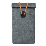 A grey Faraday bag with an orange drawstring, featuring a circular fastener at the top.