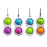A set of four keychain fidget toys in green, blue, purple, and orange, featuring a white casing. Each has a branding logo.
