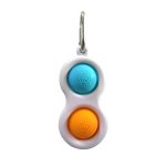 A fidget toy keychain featuring two push bubbles in blue and orange, with a white casing and a keyring attachment.