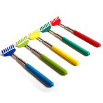 A set of five extendable back scratchers in red, green, blue, yellow, and a metallic handle, featuring a small rake design.